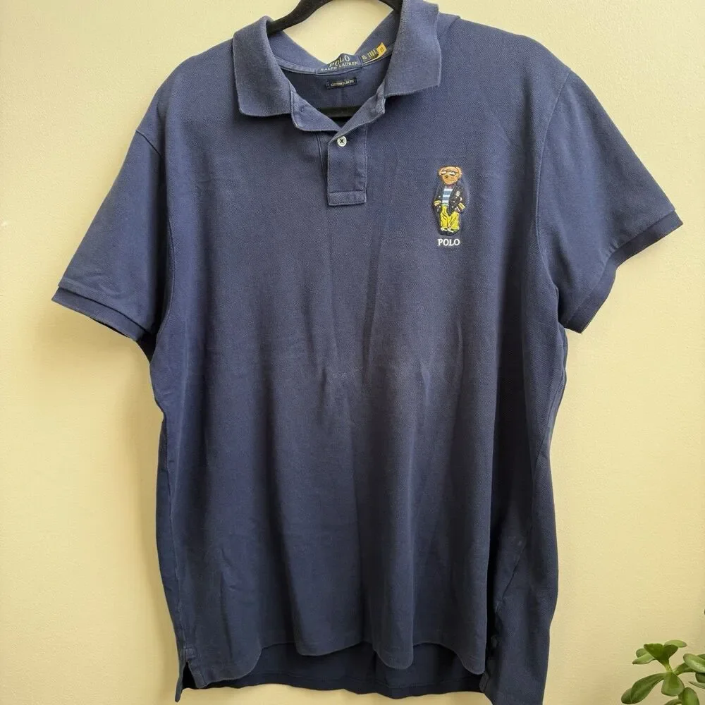 Classic Polo Ralph Lauren Bear Navy Blue American Bear Custom Slim Fit Size XL